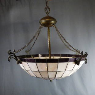 Tiffany Style Stained Slag Glass Ceiling Light Fix: Tiffany Style Stained Slag Glass Ceiling Light Fixture. 20" in diameter x 22" tall. Condition: Good
