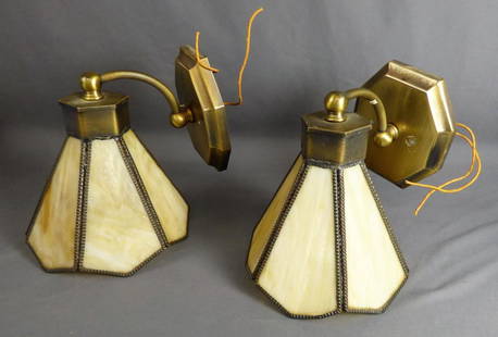 Staind Slag Glass Wall Sconces Light Lamps: Pair of Vintage Stained Slag Glass Wall Sconces. Approx. 7" tall. Condition: Good