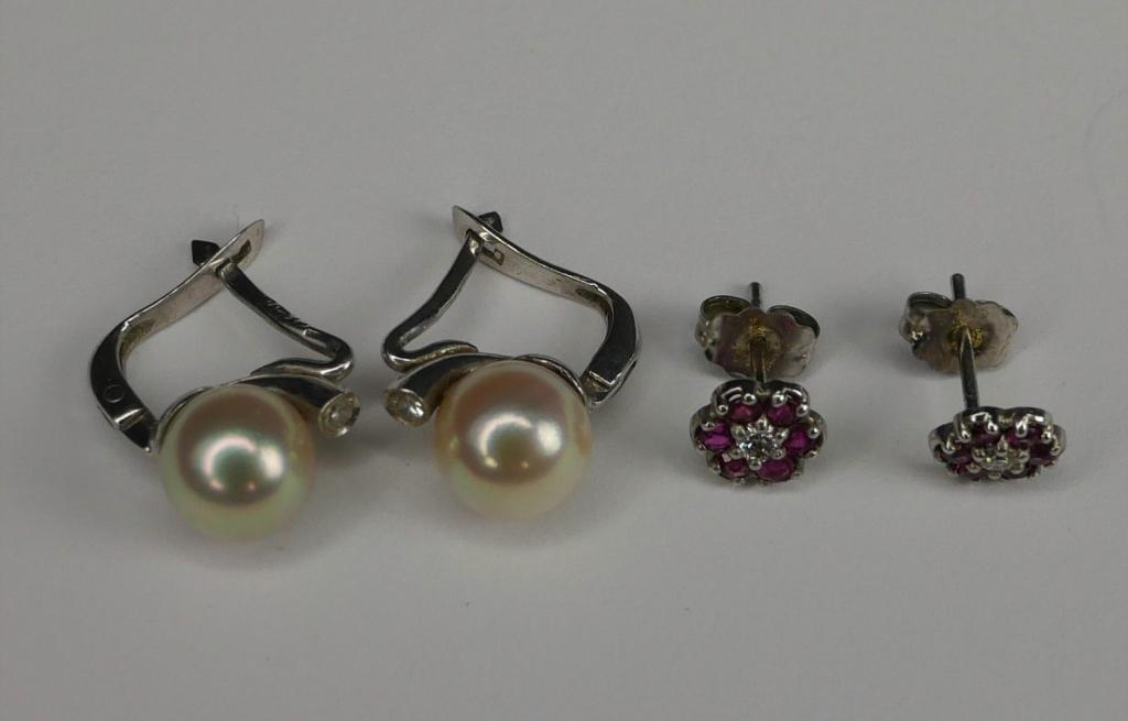 2 Pairs 14K Gold Earrings- Pearl, Diamond, Ruby (1 of 5)
