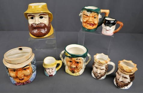 Group of Vintage Character Toby Jugs/ Mugs: Lot of eight vintage character toby jugs/ mugs ranging in size from 2.5" - 5". Includes multiple mugs made in Japan as well as an old sailor with a sweet inscription on the bottom: "From Barbara to an