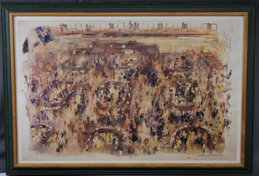 Leroy Neiman "Stock Market" 1977 Art Print Litho: Leroy Neiman "Stock Market" 1977 Art Print. Measures 39 1/2" x 27 1/2" framed. Condition: Good, very minor water damage slightly visible along left side