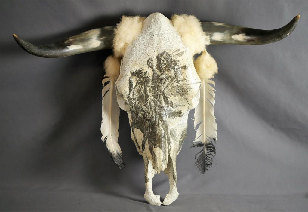 Cow Skull with Indian Warrior- Native American Art: Authentic Cow Skull with Indian Warrior- Native American Art. Measures 19" x 24 1/2" x 12". Condition: Good
