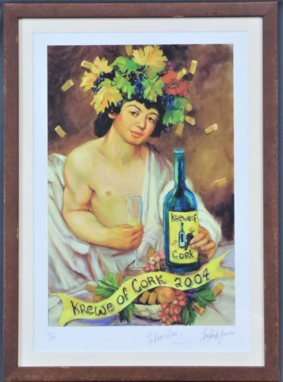 Frederick Gwen Mardi Gras NOLA Signed Art Print: Signed by artist, this print celebrates the"Krewe of Cork 2004" - a NOLA club that celebrates Mardis Gras and the wine industry. This print is a limited edition number 41/105 "To Dean and Lisa" and si