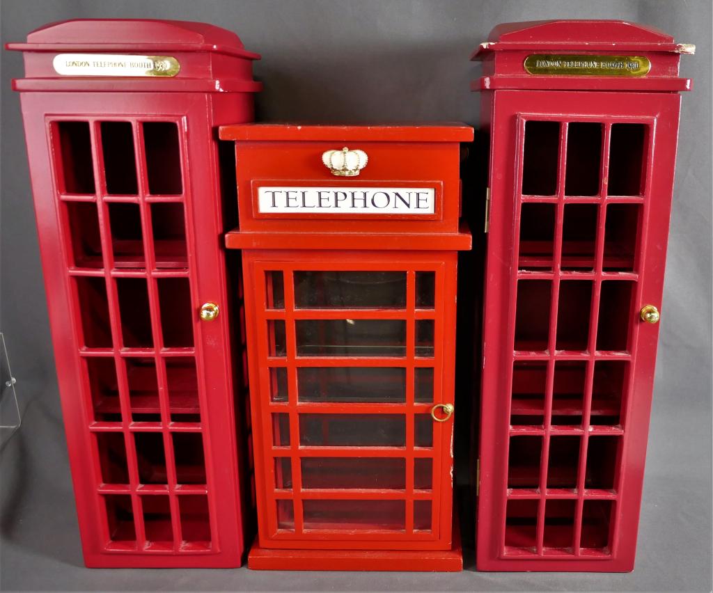 3 Wooden Tabletop London Telephone Booths: 3 Wooden Tabletop London Telephone Booths. Measure 16"-18" tall. Condition: One has some damage at one corner