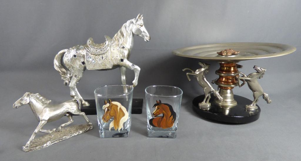 Horse Lovers Decorative Objects Assortment: Lot of Horses. Includes Philip Kraczkowski Pewter Running Horse Sculpture; Pair of Hand Painted Glasses with Horse Heads signed by artist; Silver Tone Horse Sculpture with mirror pieces and unusual mo