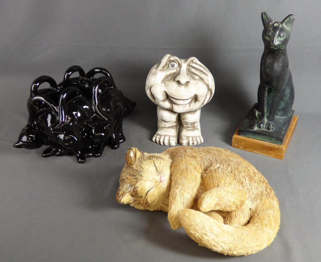 Lot of Cats- Austin Prod. Cat Sculpture, Vase, Dec: Cats. Austin Productions 1965 Egyptian Cat Sculpture; Black vase in formof playing kittens; Sleeping Cat Decor Piece and odd sculpture o fhead on lags. Condition: Good