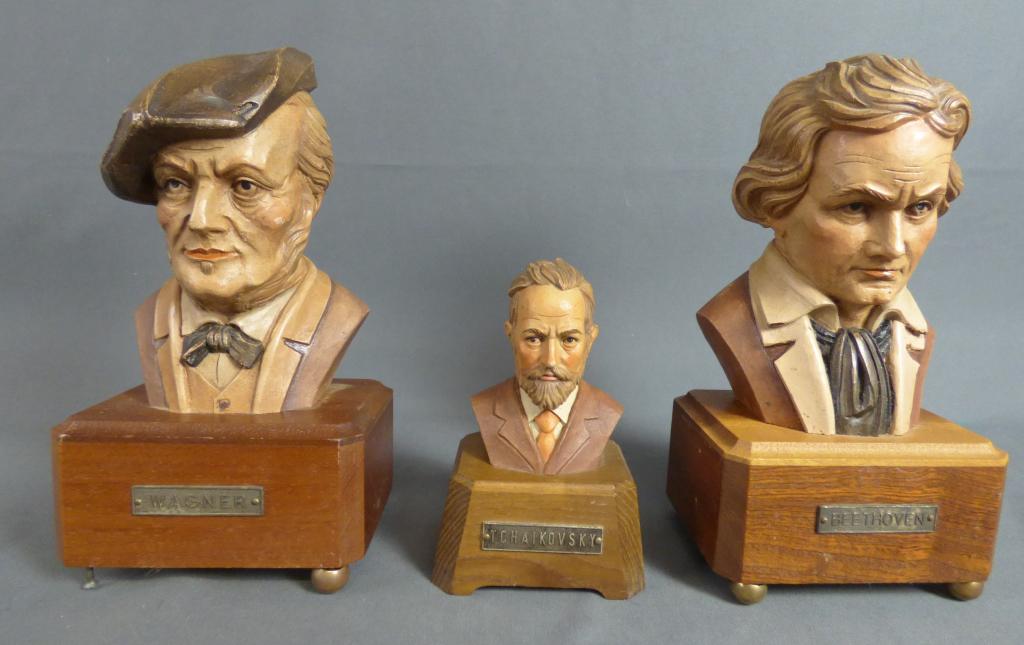 Anri Hand Carved Wooden Composers Music Boxes: Lot of 3 Italian Anri Hand Carved Wooden Composers Busts Music Boxes with Reuge Swiss Made Music Movements. Measure 8"-5" tall. All in good working condition, Wagner bust is missing 3 feet