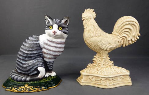 Vintage Cast Iron Cat & Rooster Doorstops: Vintage Cast Iron Cat & Rooster Doorstops. Measure 12"- 13" tall. Condition: Good