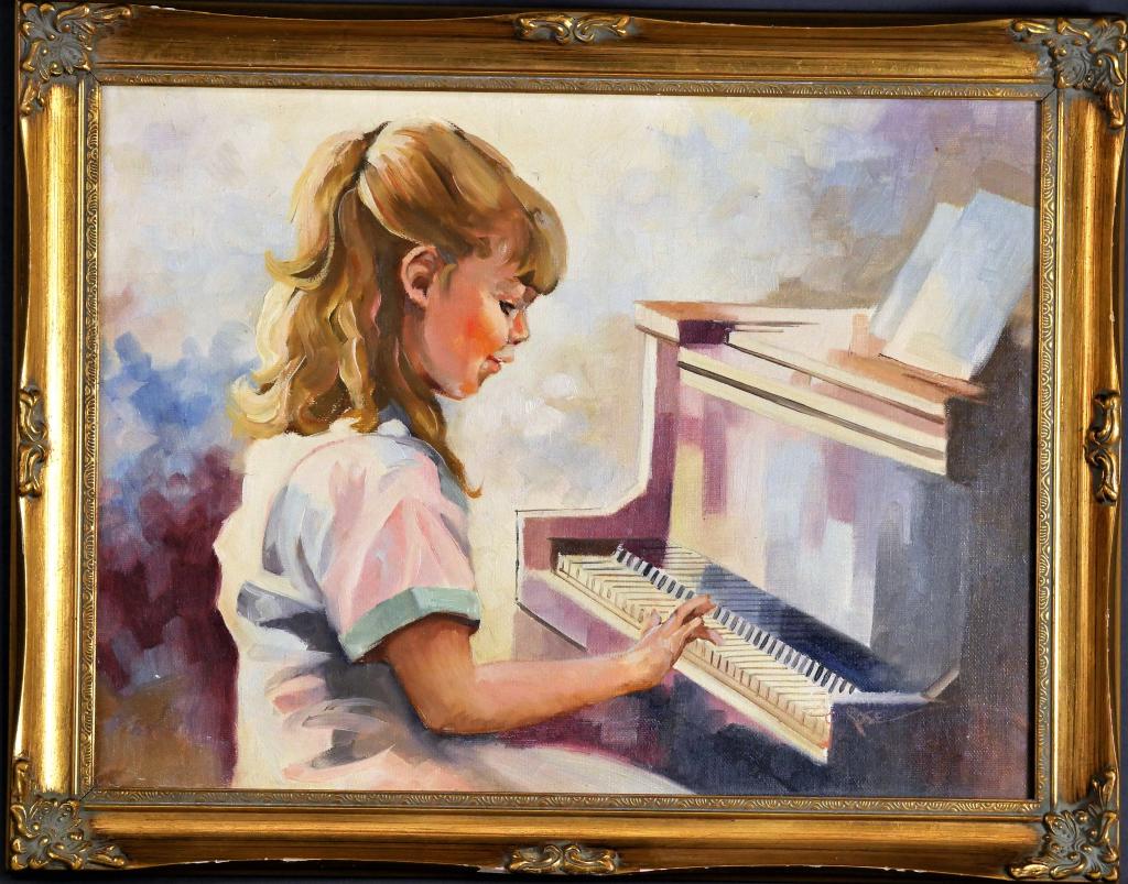 G. Rose "Girl Playing Piano" Oil Painting: G. Rose (20th Century, American). Girl Playing Piano Oil on cCanvas. Signed lower right corner. Measures 18 1/2" x 14 1/2" framed. Condition: Good