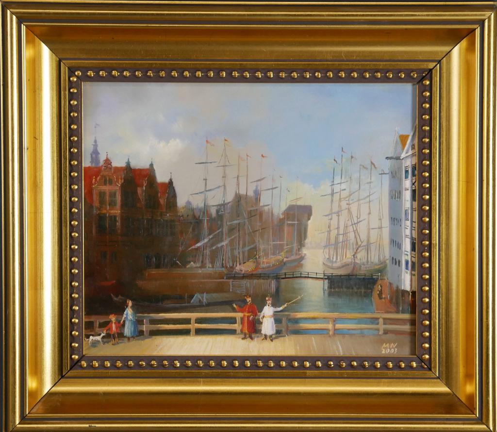 M. Niewczas Gdansk Harbor Scene Oil Painting: Oil on Canvas reproduction of 18th Century Gdansk Garbor Scene by M. Niewczas (21st Century, Polish). Signed and dated 2003 lower right corner. Info on verso. Measures 15" x 13" framed. Condition: Goo