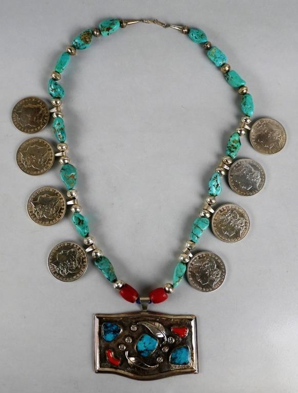 Antique Sterling Silver Dollar Necklace w/ Turquoi (1 of 11)