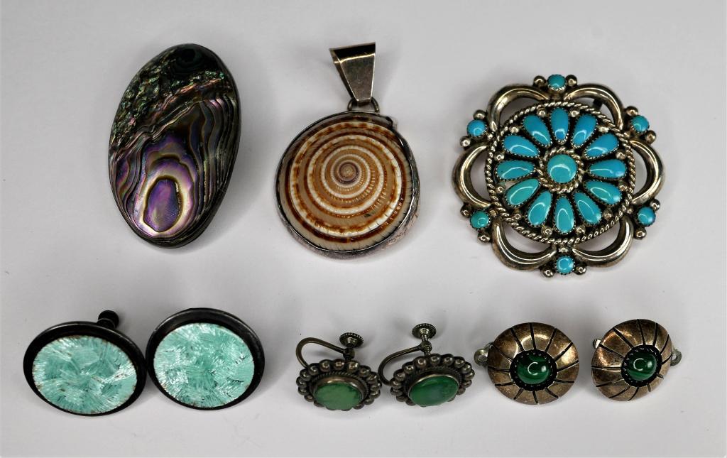 Sterling Silver Jewelry- Earrings, Brooches & Pend: Sterling Silver Jewelry- Earrings, Brooches & Pendants with various stones- Turquoise, Mother of Pearl, Malachite. Condition: Good