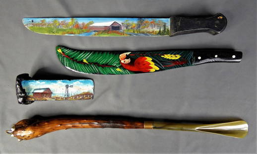 Folk Art- Hand Painted Knives, RR Spike & Shoe Hor: Group of Folk Art. Hand Painted Knife with Covered Bridge Scenes on both sides and signed by artist- S. Wanders. Hand Painted RailRoad Spike with Barn Scene on one side. Woodena Hand Painted Knife
