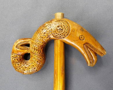 Wood Carved Walking Cane/ Stick w/ Fish Handle: Wood Carved Walking Cane/ Stick with Mythical Fish Handle . Measures 48" long. Condition: Good