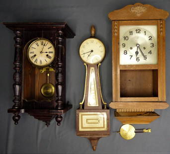 Lot of 3 Antique Wall Clocks- Hamburgm, Seth Thoms: Group of 3 Antique Wall Clocks- two are H.A.C.-Hamburg American Clock Co and one Banjo Style is Seth Thomas. All clocks are in as found condition, untested, missing parts- for repair or for parts
