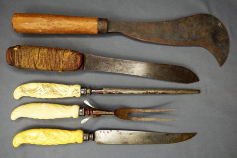 Antique Knives and Carving Set - Russel, L.F. & C: Antique Russel Knife, 3pc "Universal" L.F. & C Carving Set with carved handles and Sterling bands, Large Curved Knife. Condition: Used, tarnish, rust and pattina