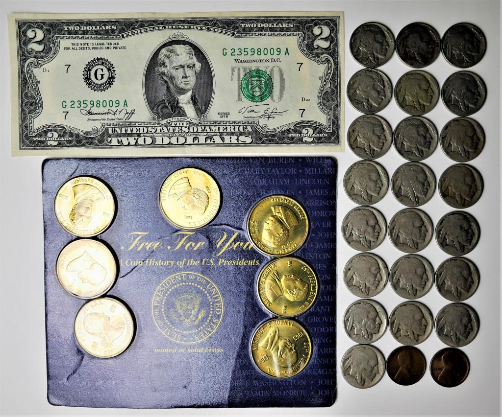 US Buffalo Nickel Coins, Two Dollar Bill & Wheat P (1 of 7)