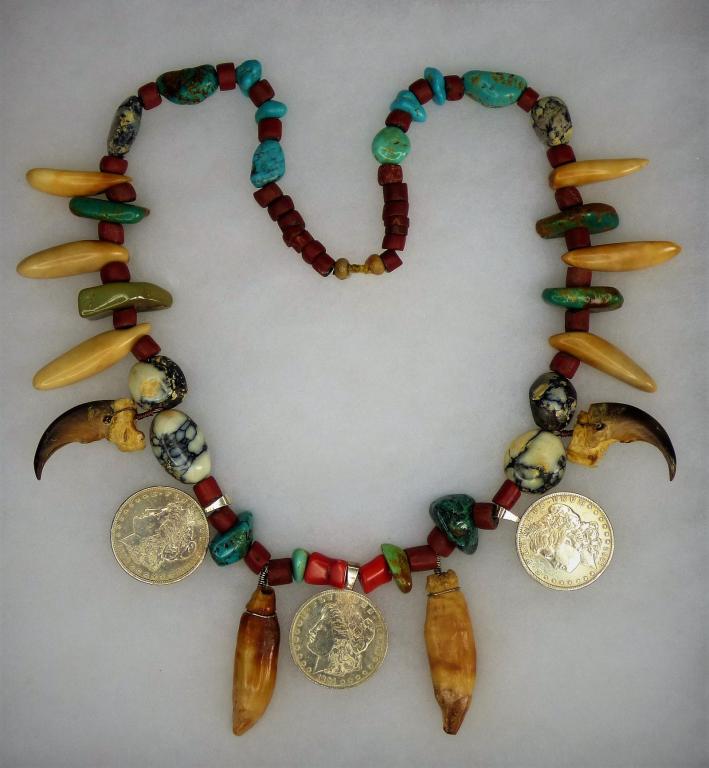 Large Silver Dollar Turquoise Bear Teeth Necklace: Extra Large Necklace made of 3 US Morgan Silver Dollars from laet 1800's, Great Heart Beads over 200 years old, White Buffalo Turquoise Beads, Kingsman Mine Turquoise Beads; Native American Carved Cav