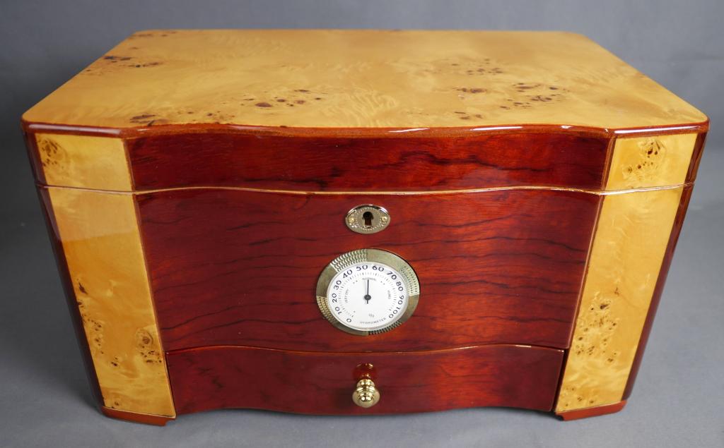 Cuban Crafters Cuban Elegance Cigar Humidor: Cuban Crafters Cuban Elegance Humidor for 120 cigars. Rosewood exterior with Birdseye maple burl top and front inlays. Good Condition