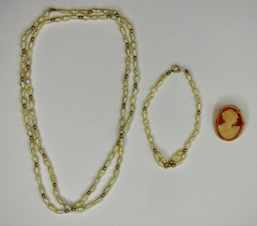 14k Gold Pearl Necklace & Bracelet w/ 10k Cameo Br (1 of 9)