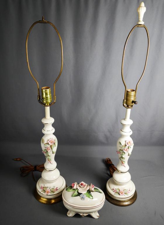 Mid Century Porcelain Cordey Floral Lamps & Box: Pair of 1950's Porcelain Cordey Floral Lamps and Porcelain Cordey Trinket Box. Lamps are approx. 30" tall, box is 5 1/2" x 7 1/2" x 5". Good overall condition, few chips to flover leaves, no shades, o