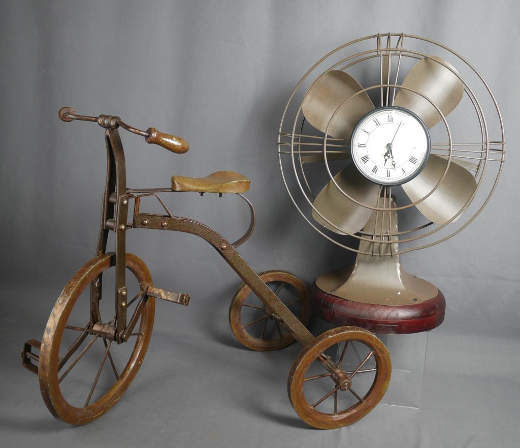 Antique Tricycle Bike Decor & Clock Fan: Two Deocr Pieces- Antique Looking Tricycle and Tabletop Fan with Clock. Measure 18" x 13" 8 1/2" and 19 1/2" x 16" x 10 1/2". Condition: Good