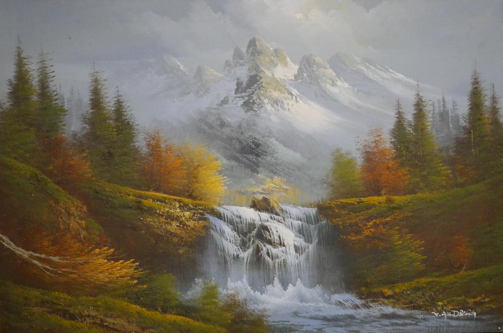 W. Goldberg Snowy MountainsLandscape Oil Painting: W. Goldberg (20th Century, American). Snowy Mountains Landscape Oil on Canvas. Signed lower right corner. Unframed. Condition; Has small 1" horizontal rip at the bottom.