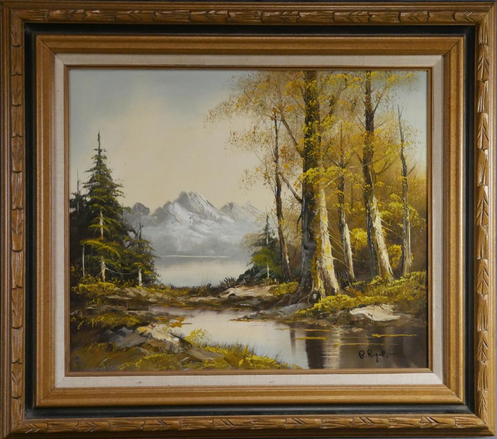 R. Rigatti Mountain Landscape Oil Painting: R. Rigatti (20th Century, American School). Landscape Oil on Canvas. Signed lower right corner. Measures 32 1/2" x 28 3/4". Condition: Good