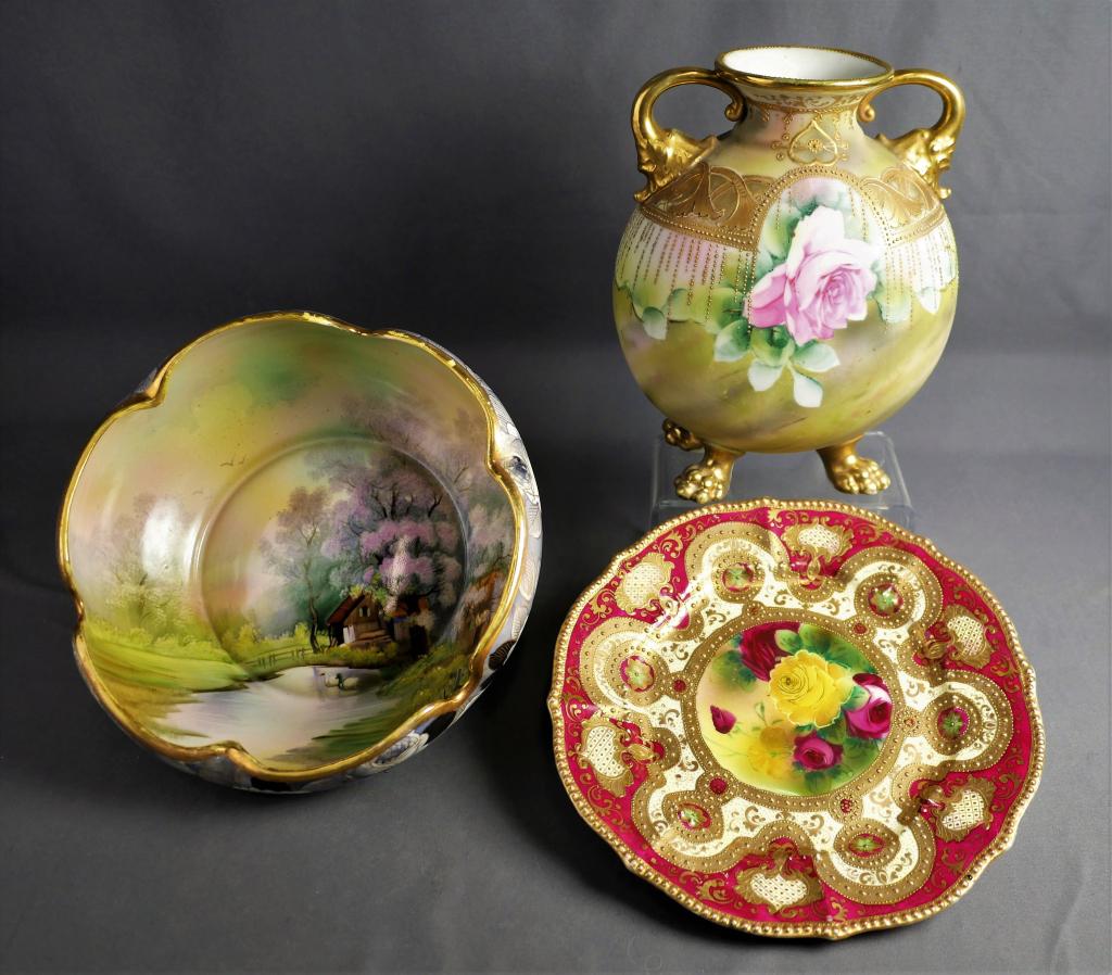 Nippon Hand Painted Rose Squat Vase, Bowl & Plate: Nippon Lion Paw & Elephant Handles Hand Painted Rose Squat Vase, Country Scene Hand Painted Bowl and Gold Decorated Hand Painted Cabinet Plate. All from early 20th Century. Vase and Bowl are 8 1/2"-3 