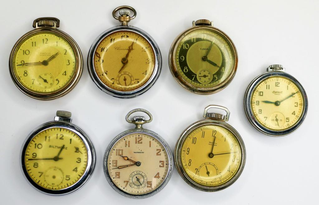 Lot of Vintage Pocket Watches- Waterbury, Westlox: Group of Vintage Pocket Watches including Waterbury, Westlox, Tudor, Bitmore, etc.. All are in as found condition