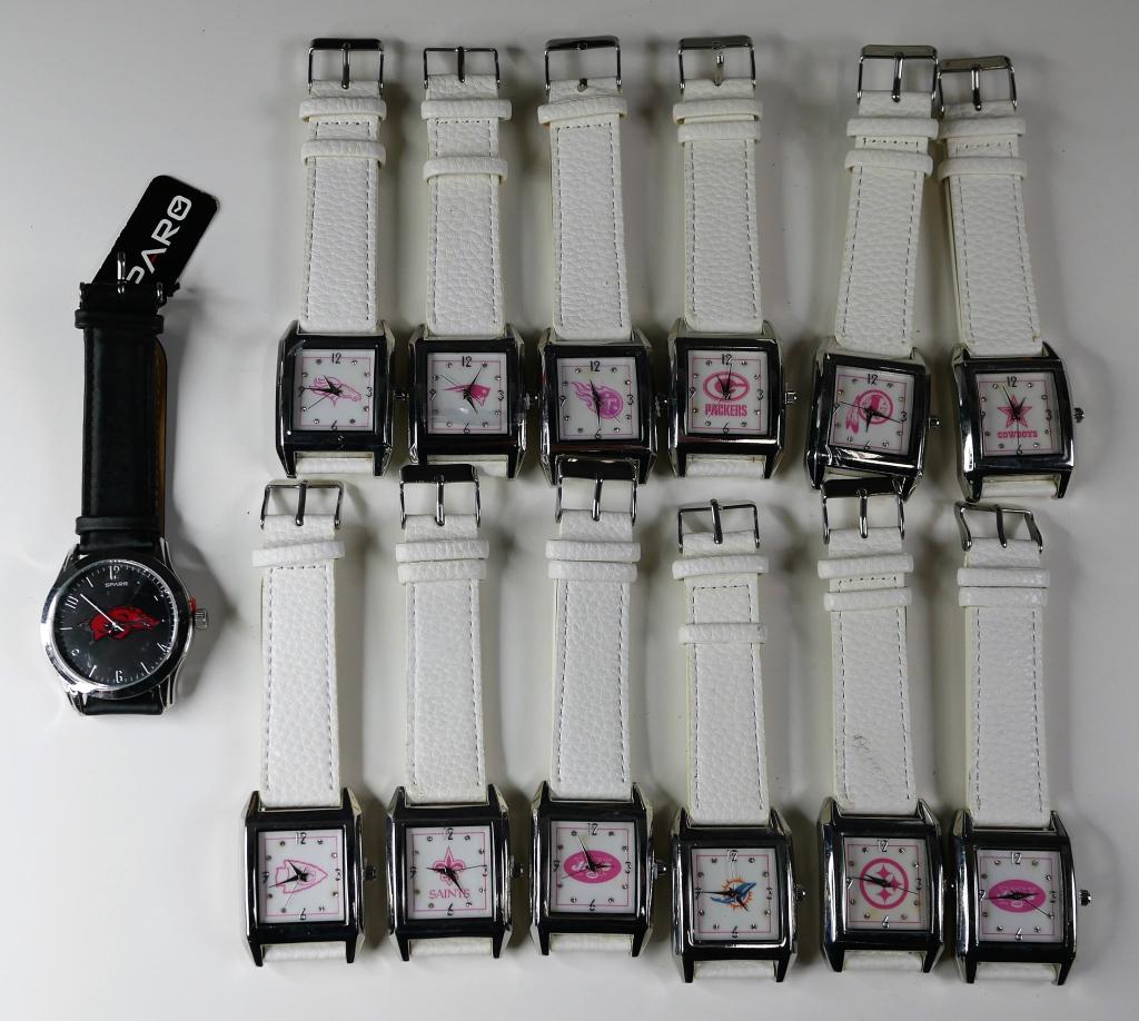 NFL Football Teams Mascot Logo Wrist Watches: 12 NFL Football Teams Mascot Logo Wrist Watches and one Arkansas Razorbacks Mascot Wrist Watch. Condition: New