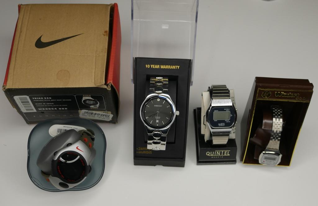 New Nike Triax, Embassy, Quintel Wrist Watches.: Lot of 4 New Wrist Watches. Nike Triax 250, Embassy Diamond, Quintel Analog Watch and Winderet Analog Watch.