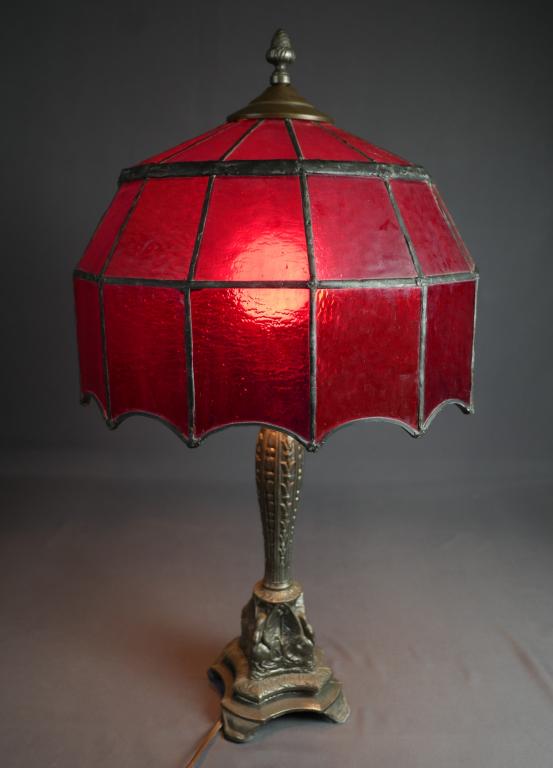 Vintage Stained Slag Glass Table Lamp w/ Red Shade (1 of 7)