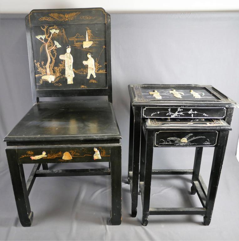 Chinese Black Laquer Chinoiserie Chair & Tables (1 of 12)