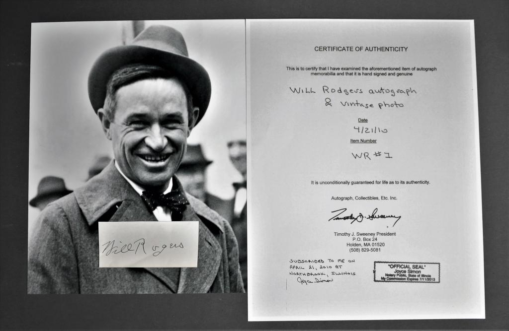 Will Rodgers Autograph/ Signature w/ COA (1 of 3)