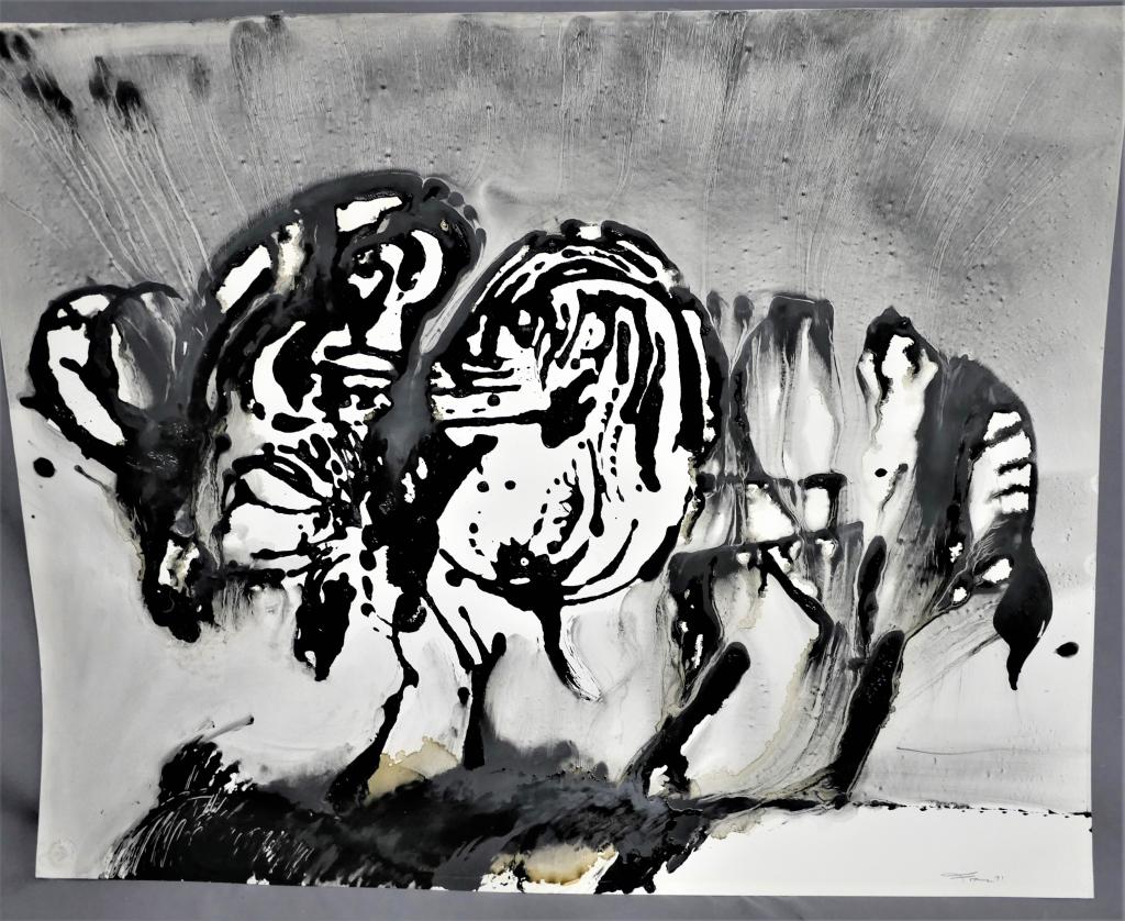 Franz Altschuller "Beast" Mixed Media Painting: Franz Altschuller (1923-2009, Amrican). "Beast" Original Mixed Media Modernist Painting on Paper. Signed lower right corner and date '71. Measures 29" x 23". Unframed. Good overall condition.