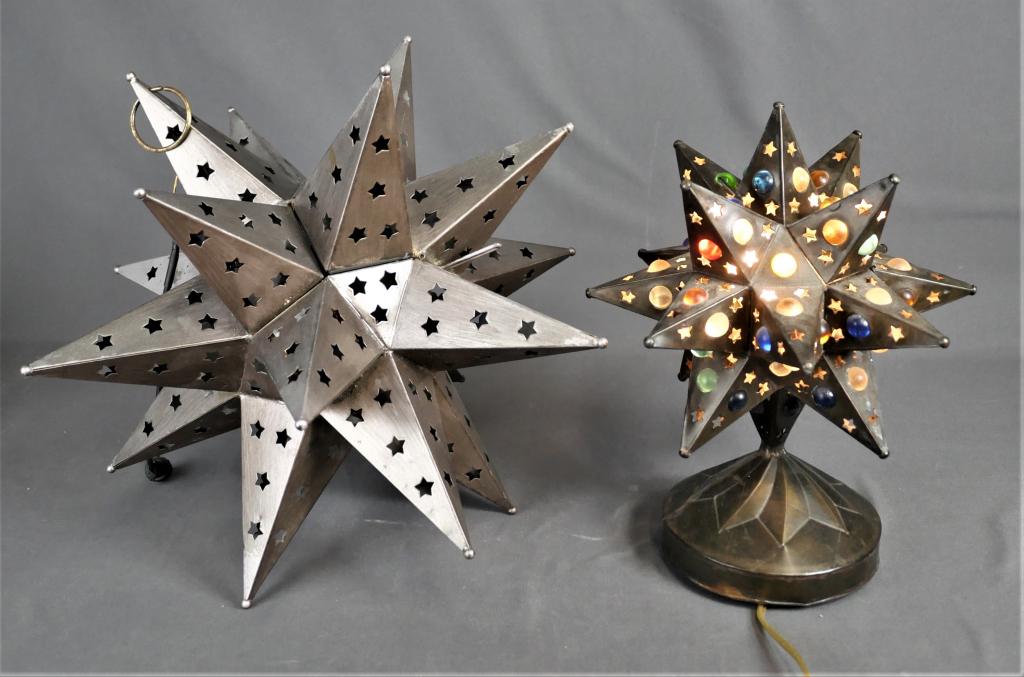 Two Star Pendant Metal/ Tin Lights/ Lighting Fixtu: Lot of 2 Star Pendant Metal/ Tin Lights. One is LED. One is 12" tall from base to top and approx. 10" in diameter; second is 16" in diameter. Good Condition.