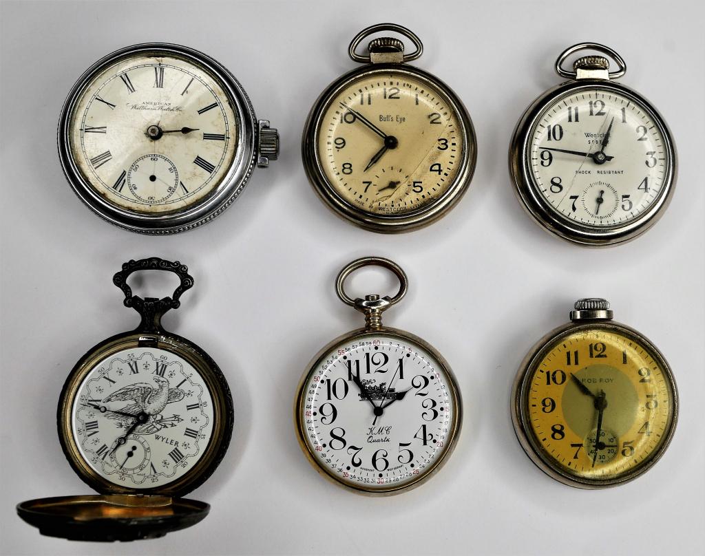 Lot of 6 Antique & Vintage Pocket Watches- Waltham: Lot of 6 Pocket Watches including Waltham, Bulls Eye, Wyler, etc.. All are in as found condition.