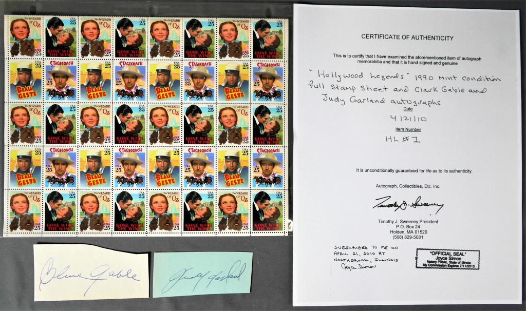 Clark Gable & Judy Garland Autographs & Stamp Shee (1 of 3)