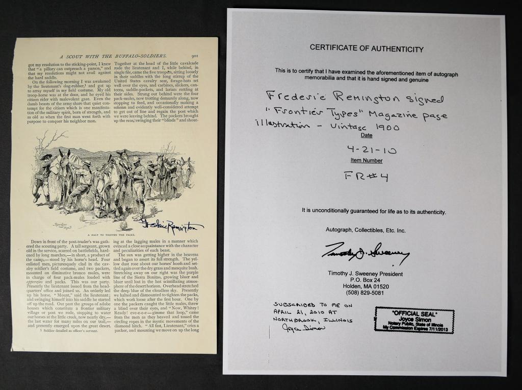 Frederic Remington Autographed Magazine Page: Frederic Remington Autographed/ Signed "Frontier Types" Magazine Page. Comes with Certificate of Authenticity. Condition: Good. We truly believe that this item is authentic, but Esquis Auctions does n