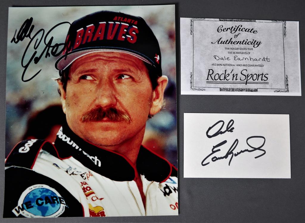 Dale Earnhardt Autograph/ Signature w/ Photograph: Dale Earnhardt Autograph/ Signature on index card w/ith 8" x 10" Photograph. Comes with Certificate of Authenticity. Condition: Good. We truly believe that this item is authentic, but Esquis Auctions 