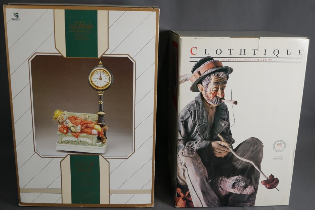 Melody in Motion Clown and Clothtique Figurines: Melody in Motion "Lull'a by Willie Bisque Porcelain Music Figurine and Norman Rockwell's Clothtique "Hobo" Sculpture. Botha re approx. 12" tall. Both appear to be in mint/ near mint condition with ori