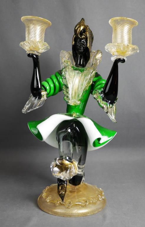 Murano Barovier & Toso Blackamoore Candleholder: Murano Venetian Art Glass Barovier & Toso Kneeling Blackamoor Double Candle Holder. Measures 13" tall. Good overall condition.