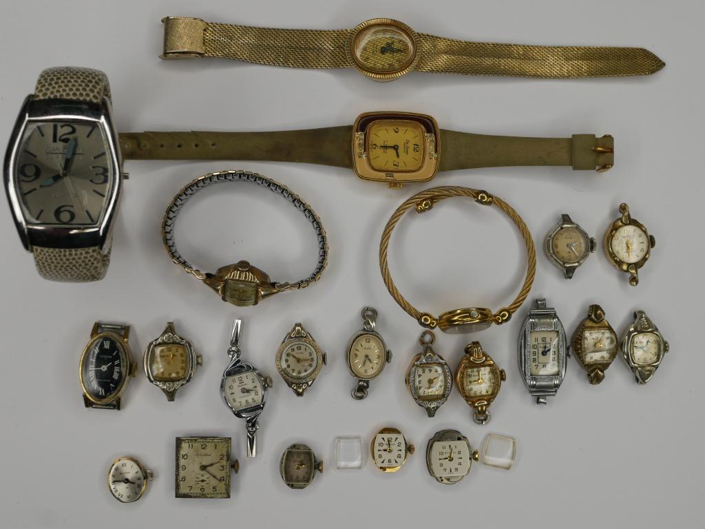 Lot of Vintage Ladies Wrist Watches- Gucci, Elgin: Group of Vintage Wrist Watches and Movements. Lot includes Gucci Ladies Wrist Watch, Elgin, Bulova, Pickard, Waltham, etc... All are in as found condition, untested.