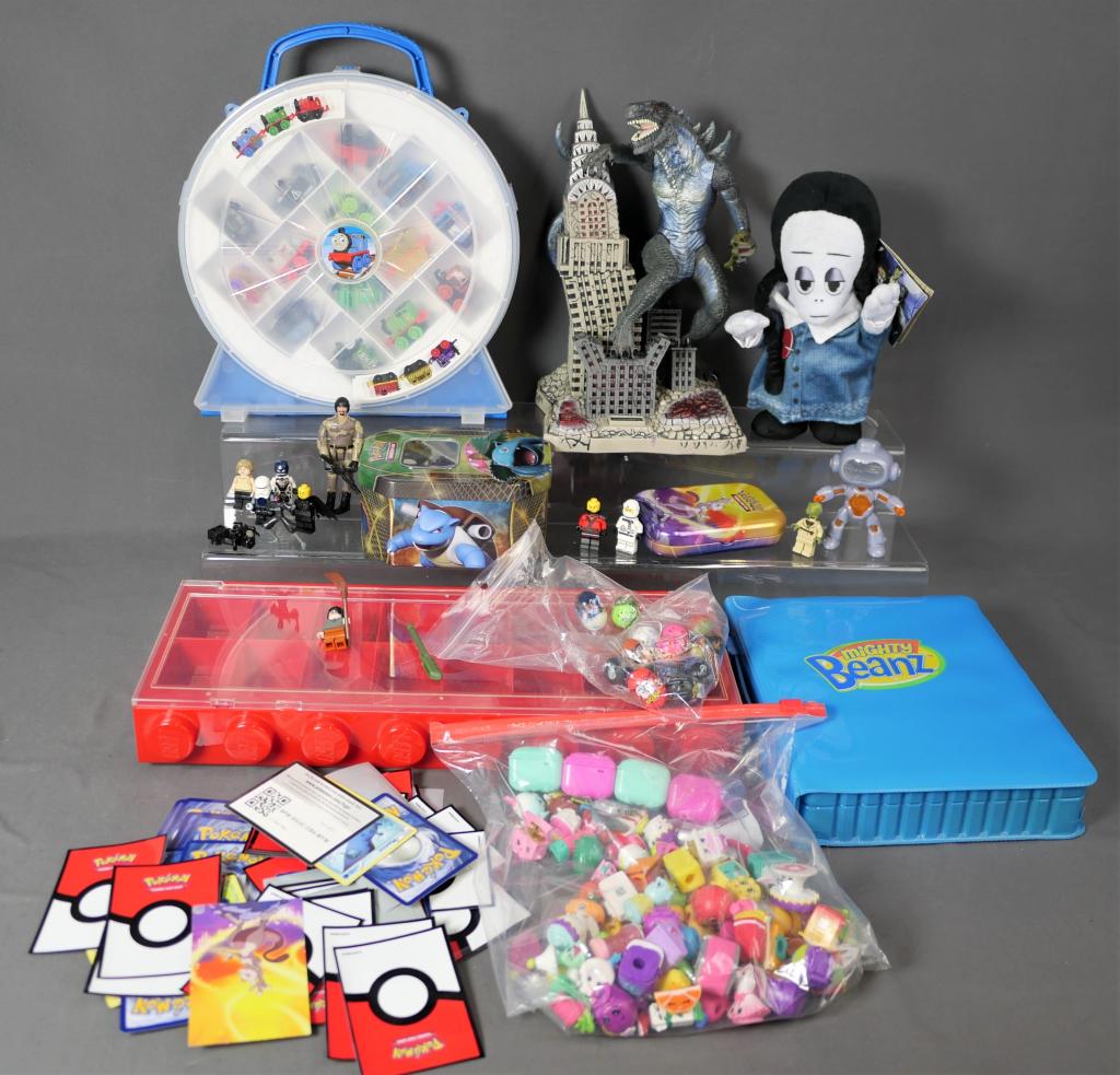 Vintage Toys- Mighty Beanz, Godzilla, Pokemon Card: Vintage Toys- Mighty Beanz, Godzilla, Pokemon Cards, Thomas the Train Set; Lego Case; etc.. Appear to be in good overall condition, some might be as found