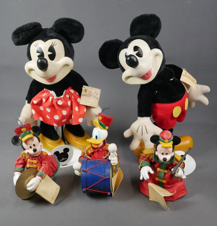 Walt Disney Fabriche Figurines & Mickey Wood Dolls: Walt Disney Fabriche Band Figurines and Pair of Woodsculp Series Mickey & Minnie Dolls by Applause. Dolls are 15" tall; Figurines are 7" tall. All with original tags.
