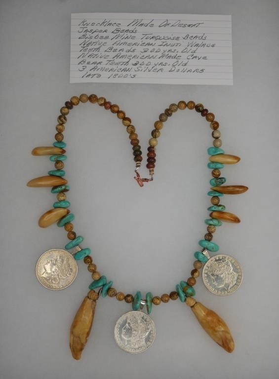 Desert Jasper Beads Necklace w/ Silver Dollars: 7 Image(s) Large Necklace made with Desert Jasper Beads, Bisbee Mine Turquoise, Native Amrican Inuit Walrus Teeth Beads, Native American made Cave Bear Teeth and 3 US Silver Morgan Dollar Coins from l