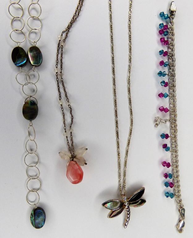 Sterling Silver Jewelry- Neckalces & Bracelets: Sterling Silver Jewelry - 3 Neckalces and Bracelets. Lot also includes enamel butterflies .800 silver bracelet. Neckalces 16"-24"; Bracelets- 6 1/2"-6 3/4". Good Condition.