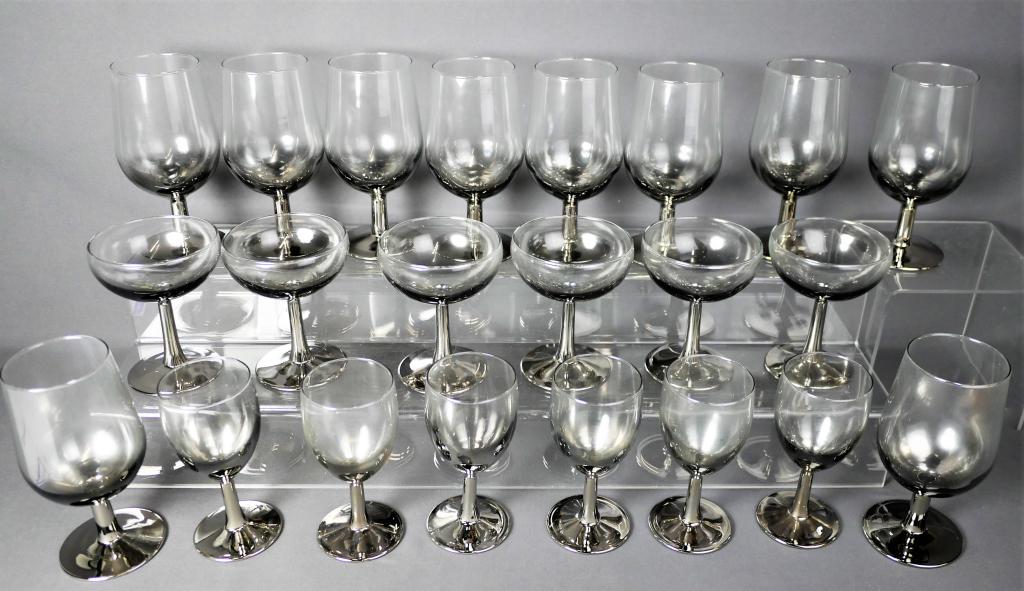 Antique Mercury Glass Stemware- Wine/ Liquer Glass: Group of 1930's Mercury Glass Stemware. 10 Wine Glasses; 6 Martini Glasses and 6 Sherry Glasses. Measure 5 1/2"- 6 1/2" tall. All are in good condition.