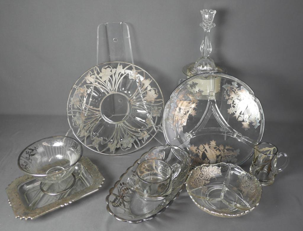 Group of Vintage Sterling Silver Overlay Plates &: Lot of 1930's Clear Glass Plates, Bowls and Candlesticks with Sterling Silver Overlay. Good overall condition.